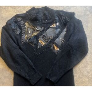 Vintage Sweater Dress Size M Black Silk Blend Angora Rabbit Hair Beadwork NILANI